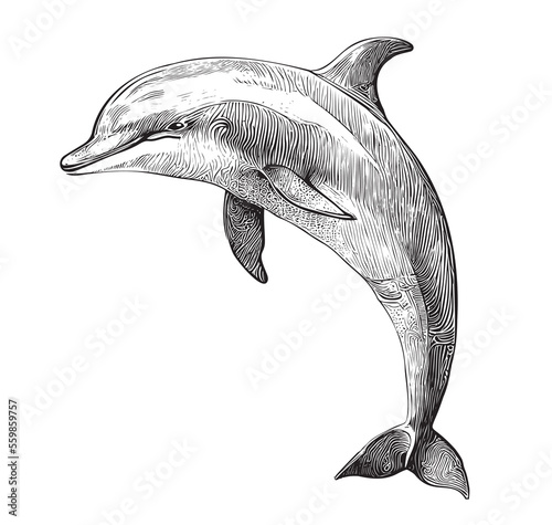 Leinwand Poster Cute dolphin sketch hand drawn engraving style Vector illustration