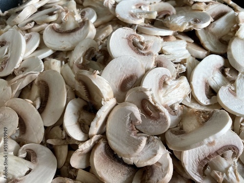 Close-up of sliced ​​fresh button mushrooms