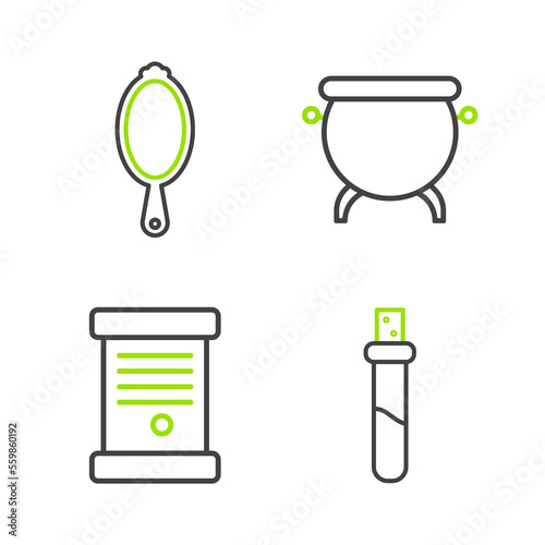 Set line Bottle with love potion, Decree, paper, parchment, scroll, Witch cauldron and Magic hand mirror icon. Vector