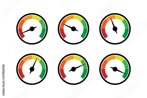 Color speedometer icons. Set of colorful speedometers. Vector illustration on white background . Flat collection of tachometers. 10 eps