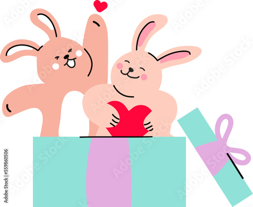 Two cute rabbits in a gift box