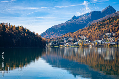 Enchanting views of the town and lake of Saint Moritz, Switzerland on a calm sunny day in late October