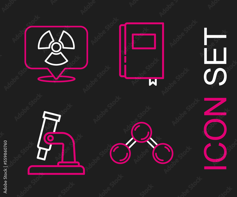 Set line Molecule, Microscope, Book and Radioactive in location icon. Vector Set line Molecule, Microscope, Book and Radioactive in location icon. Vector