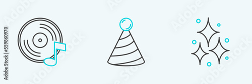 Set line Firework, Vinyl disk and Party hat icon. Vector