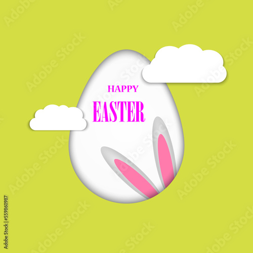 Easter card with a rabbit inside and white clouds. Vector illustration