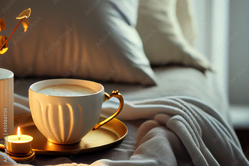 Cozy winter morning at home with hot coffee, warm blanket, candle lights, heather lavender flowers Cozy winter morning at home with hot coffee, warm blanket, candle lights, heather lavender flowers
