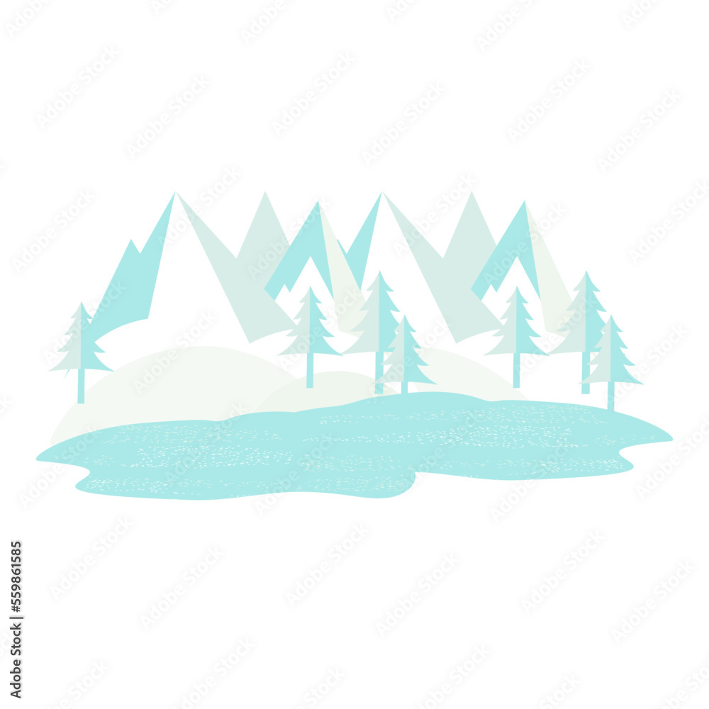 Winter landscape. Mountains, fir trees, road. Blue silhouette. Vector