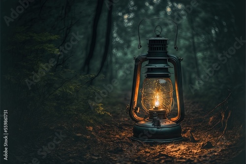  a lantern is lit in the middle of a dark forest with trees in the background and a glowing light shining on the lantern in the middle of the lantern, with a dark forest floor. Generative AI © Anna