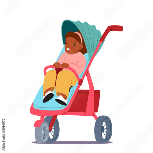 Cute Little Baby Girl Sitting in Child in Pushchair Isolated on White Background. Black Toddler Character Sit in Pram