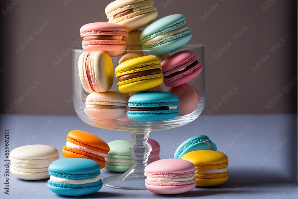 a glass bowl filled with colorful macaroons on a table next to other macaroons on a table top and a gray background behind it is a gray wall and a light is behind. a glass bowl filled with colorful macaroons on a table next to other macaroons on a table top and a gray background behind it is a gray wall and a light is behind.