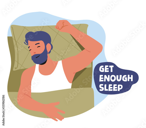 Get Enough Sleep Banner, Advice for Immunity Boost, Healthy Lifestyle and Wellness with Relaxed Male Character in Bed