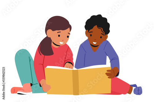 Kids Studying, School Girl and Boy Learning, Read Fairytale Story Isolated on White Background. Characters Reading Book