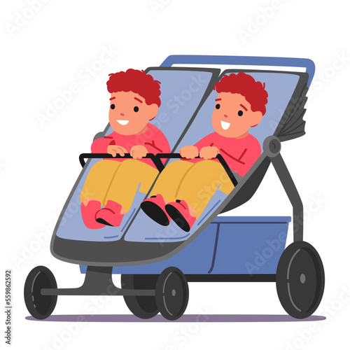 Couple of Twins Toddlers Sitting in Double Stroller Isolated on White Background. Cute Children Characters Sit in Pram