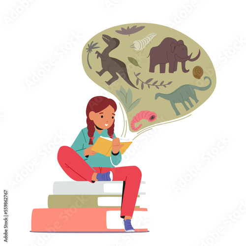 Girl Teenager Characters Studying Prehistoric Animals and Dinosaur History from Book. School Education, Knowledge
