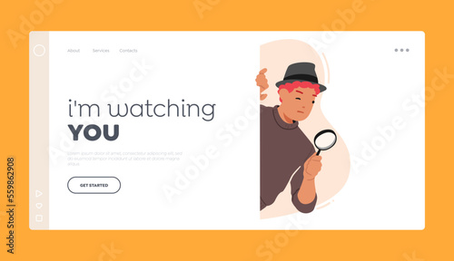 Spying Landing Page Template. Male Character Detective, Secret Service Agent, Investigator or Business Competitor