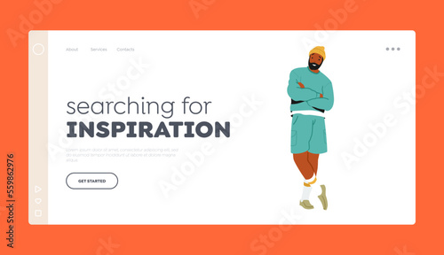 Searching for Inspiration Landing Page Template. Male Character in Trendy Clothes. Creative Person with Crossed Arms