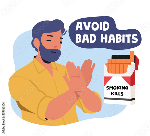 Avoid Bad Habits Banner with Man Shop Stop Gesture for Cigarette Box. Male Character Healthy Lifestyle, Immunity Boost