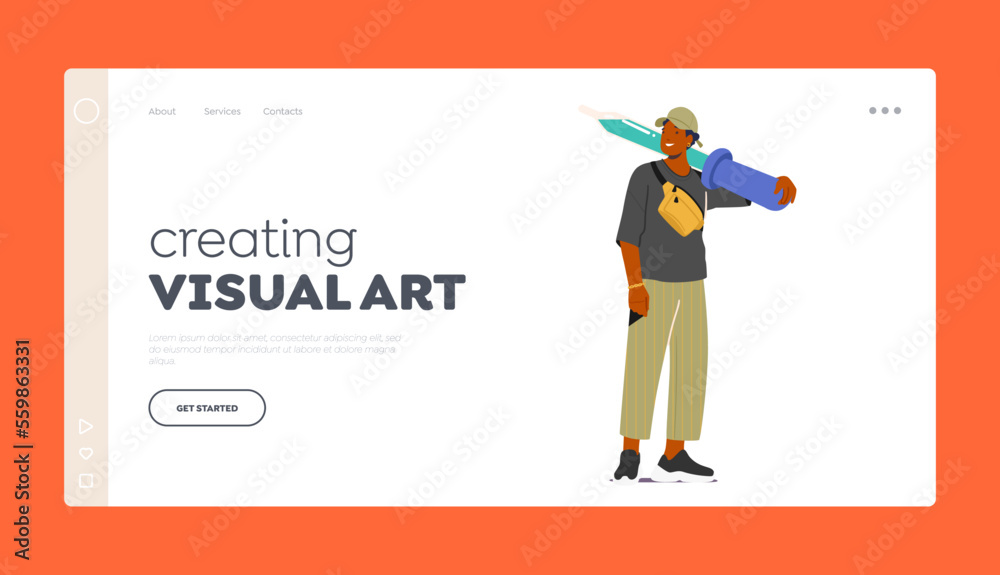 Designer Creating Visual Art Landing Page Template. Creative Artist Male Character Wear Trendy Clothes Hold Huge Pipette