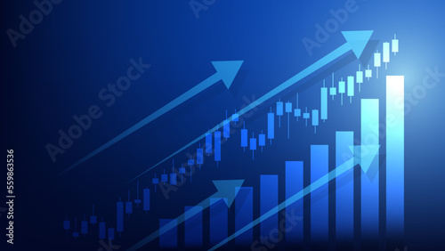 Economy and finance background concept. financial business statistics stock market candlesticks and bar chart with uptrend arrow