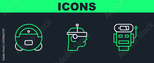 Set line Robot low battery charge, vacuum cleaner and Smart glasses icon. Vector