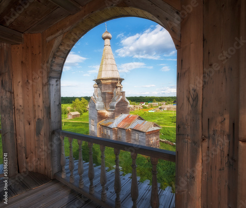 old wooden Ascension Church in the village of Piyala. Onega district of Arkhangelsk region in Russia photo