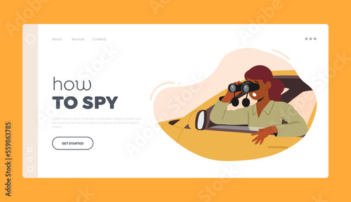 How to Spy Landing Page Template. Female Character Spying, Woman Detective, Agent, Investigator Looking in Binoculars