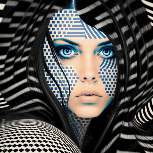 AI Generative abstract op art, close up of a fictious woman with curly black hair and blue eyes photo