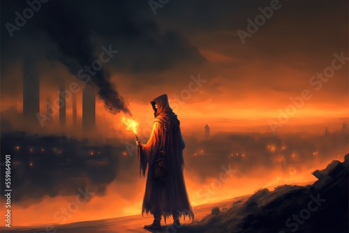 A man in a raincoat with a torch on the background of the city