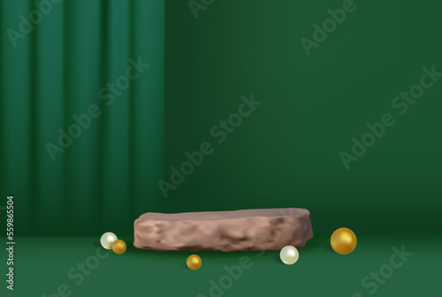 3d luxury green background with stone podium, gold and white balls. Exhibition stand for premium product Vector template cosmetic display.
