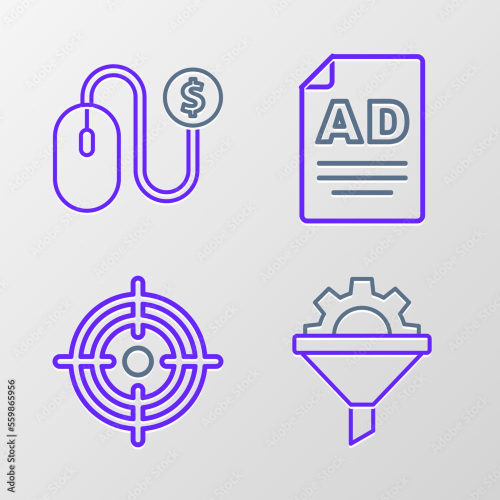 Set line Sales funnel with gear, Target, Advertising and icon. Vector Set line Sales funnel with gear, Target, Advertising and icon. Vector