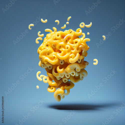 flying mac and cheese on blue background, created with Generative AI photo
