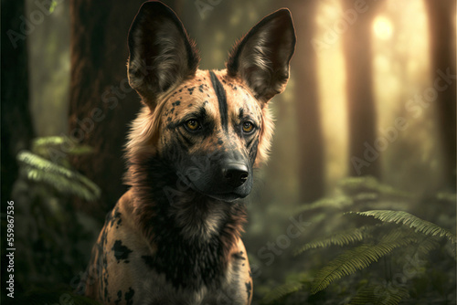 wild dog portrait in a forest, generative ia