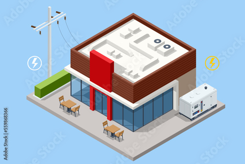 Isometric mobile industrial diesel power generator outside a store.Industrial and home immovable power generator. Standby generator.