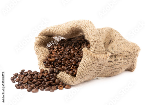 Coffee beans in burlap bag isolated on white background
