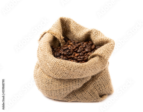 Coffee beans in burlap bag isolated on white background