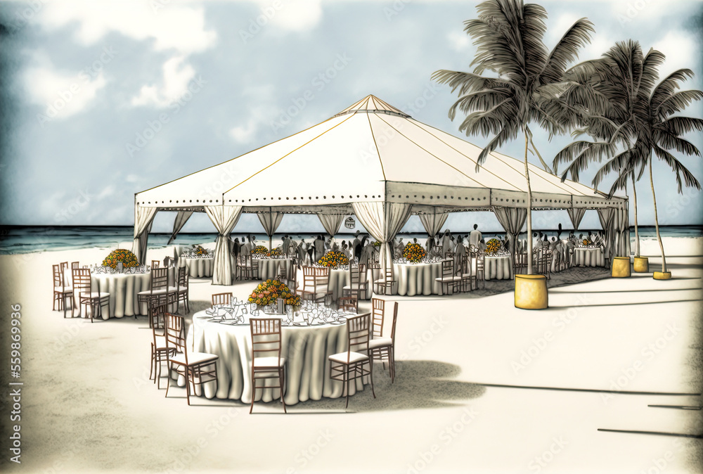 A destination wedding on the beach, with a tent for guests.