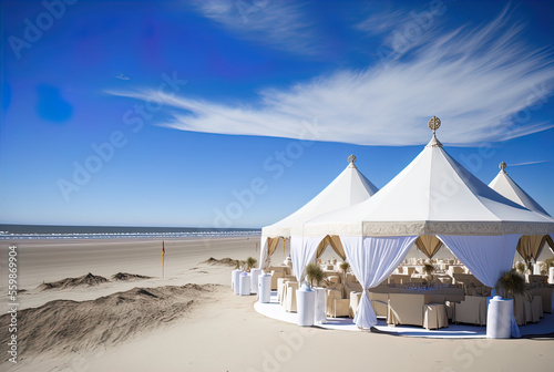 A destination wedding on the beach  with a tent for guests.