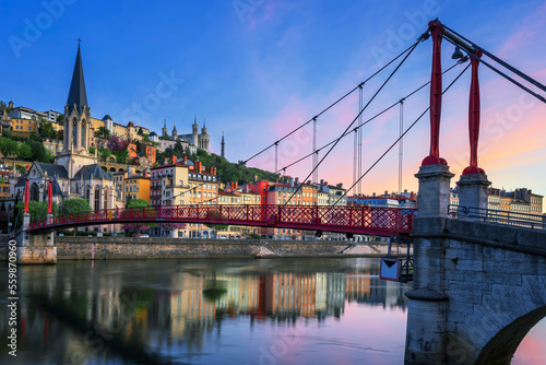 Famous red footbridge in the morning, Lyon