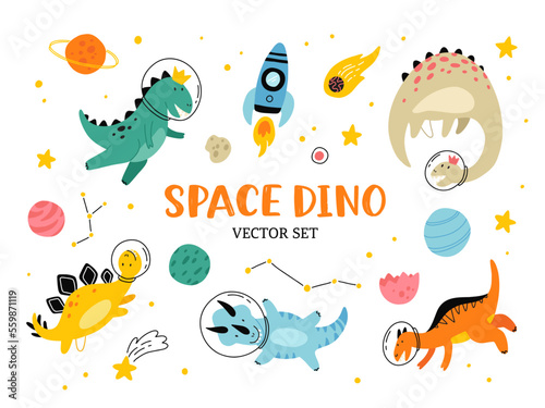Cute dinosaurs in space hand drawn vector color characters set. Sketch dino astronauts, planets, stars. Jurassic reptiles doodle drawing. Isolated scandinavian cartoon kids book, textile illustration