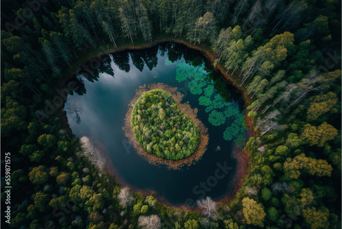 Drone Photography - Pine Forest With Lake (Generative Art)
