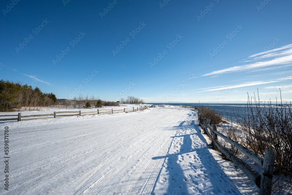 Snowy road on the North Shore of the St. Lawrence River.