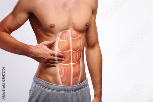 Stomach pain, stomach muscles injury, male abdomen abs muscle illustration