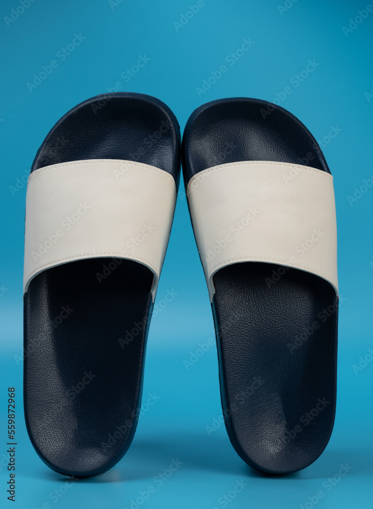 Blue and white slippers above view Blue and white slippers above view
