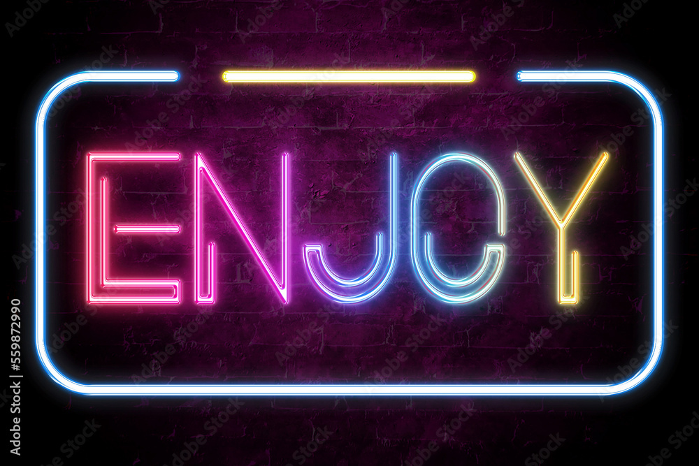 enjoy text on the brick wall in realistic color neon glow enjoy text on the brick wall in realistic color neon glow