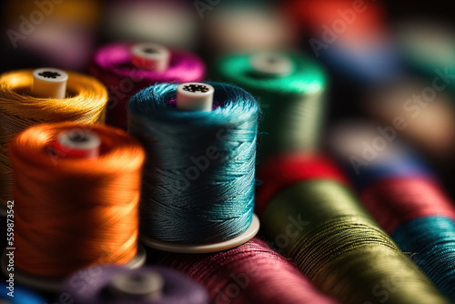 Different color spools of thread for the textile industry. background 