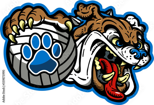 cartoon bulldog mascot holding volleyball for school, college or league sports