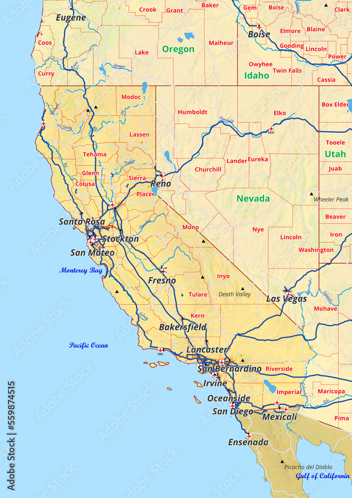 California Karte mit Städte Gemeinde Landkreise Flüße Straßen