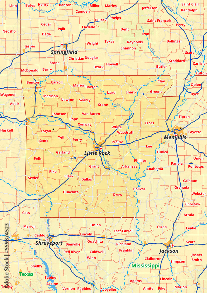 Arkansas Karte mit Städte Gemeinde Landkreise Flüße Straßen