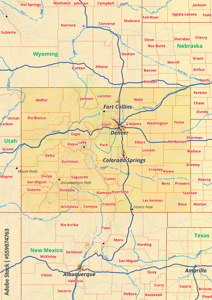 Colorado Karte mit Städte Gemeinde Landkreise Flüße Straßen