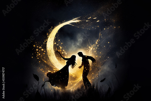 Passionate couple dancing over beautiful crescent moon. Generative Ai